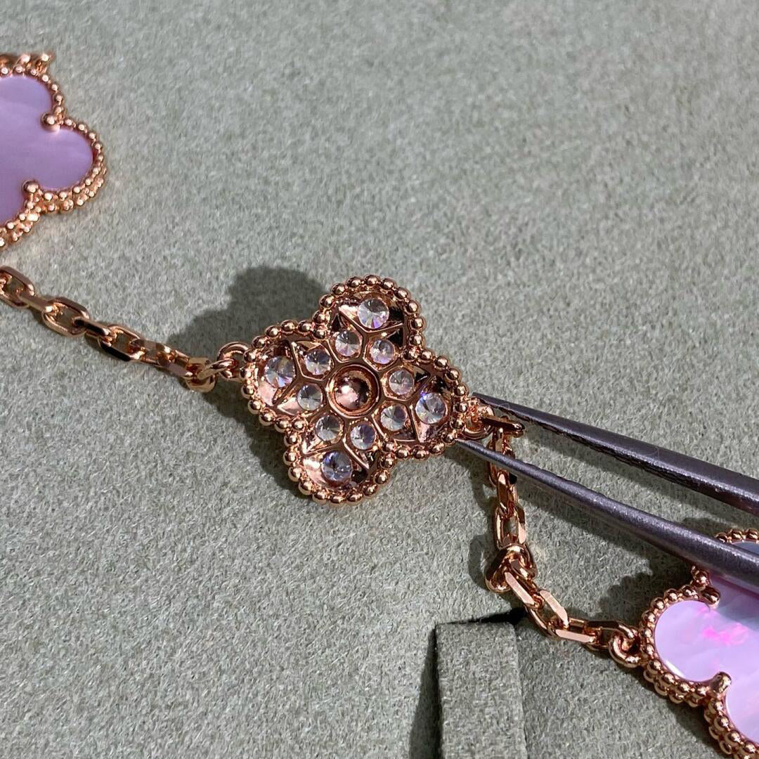 VCA CLOVER 10 MOTIFS DIAMOND PINK MOP NECKLACE