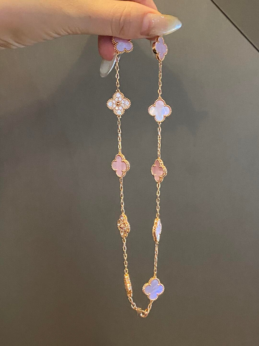 VCA CLOVER 10 MOTIFS DIAMOND PINK MOP NECKLACE