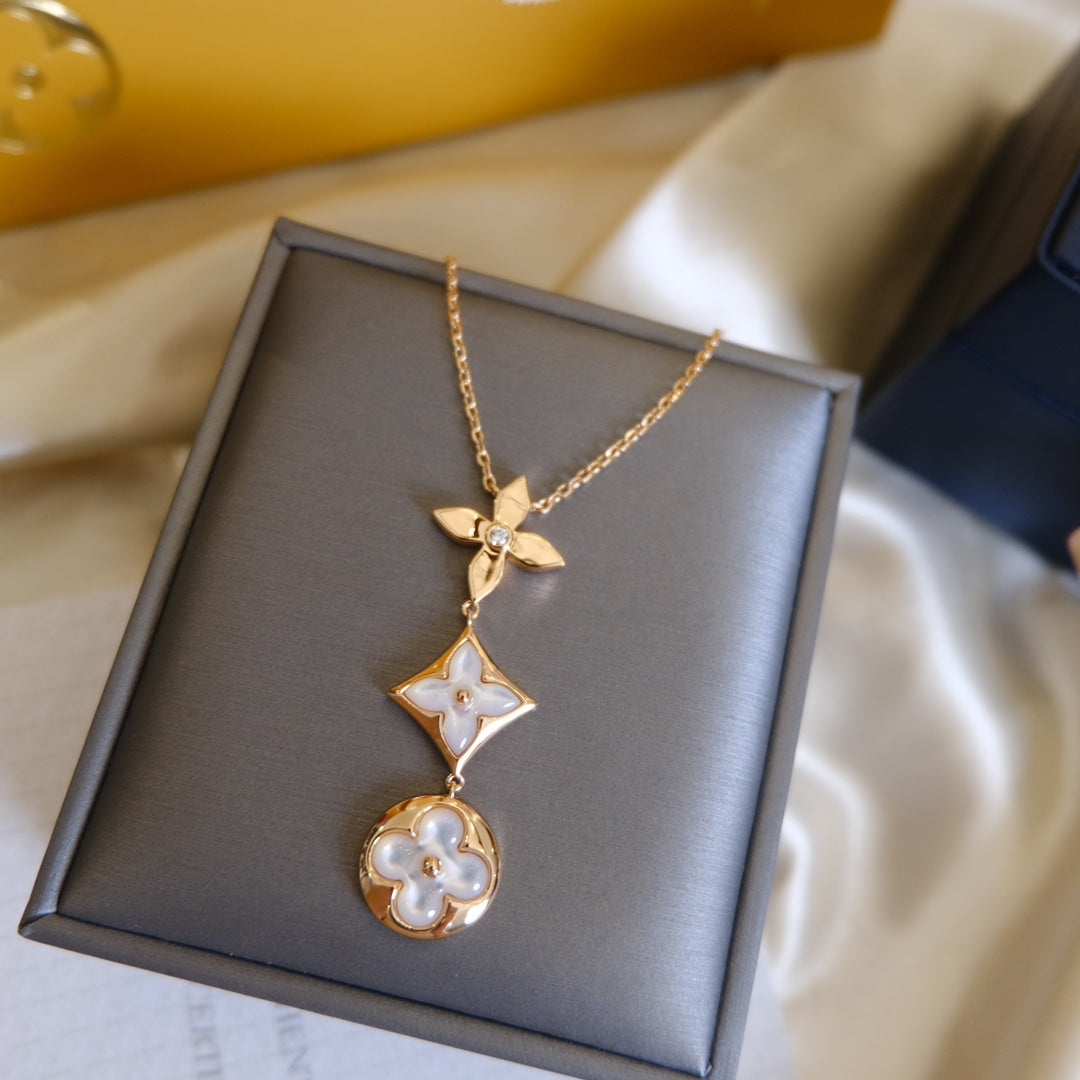 LOUIS VUITTON COLOR BLOSSOM LARIAT NECKLACE PINK GOLD WHITE MOTHER PEARL AND DIAMOND